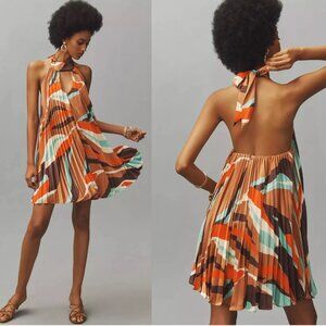 Anthropologie Pleated Halter Mini Dress in Tan, Orange & Aqua